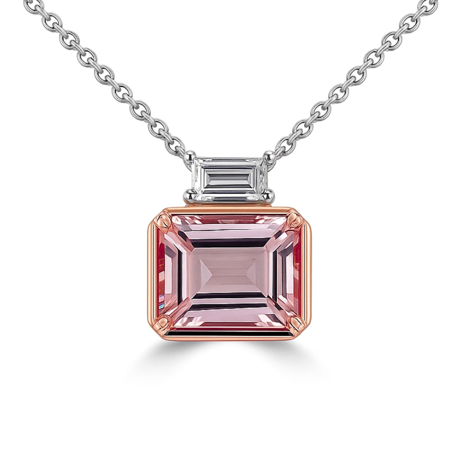 14K 1.82ct Emerald Cut Pink Morganite 0.19cttw Baguette VS White Diamond Pendant