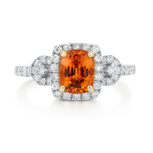 14K 1.85ct Cushion Mandarin Garnet 0.66cttw VS White Diamonds Ring