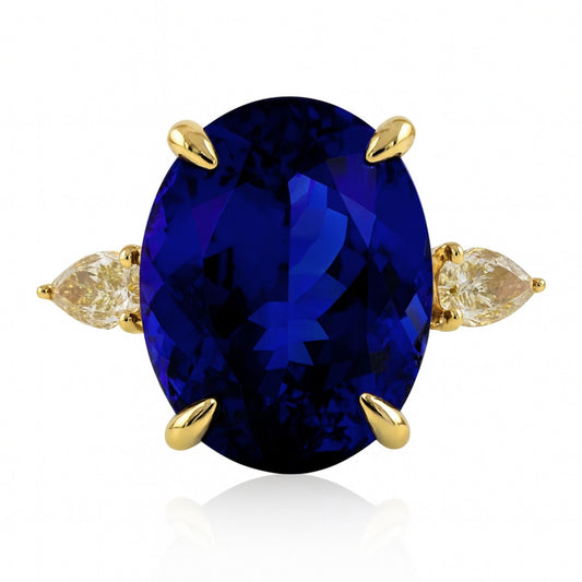 14K 11.13ct Oval Blue Wing Tanzanite 0.40cttw Pear Shape VS Yellow Diamond Ring