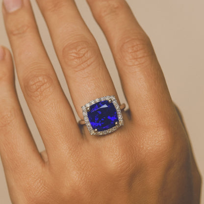 14K 11.36ct Cushion Blue Wing Tanzanite 1.19cttw VS White Diamonds Ring