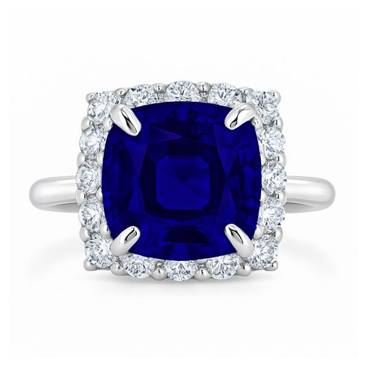 14K 11.36ct Cushion Blue Wing Tanzanite 1.19cttw VS White Diamonds Ring