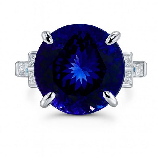14K 11.63ct Round Blue Wing Tanzanite 0.66cttw VS White Diamonds Ring