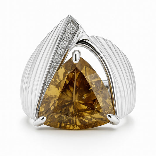 14K 12.43ct Trilliant Private Collection Golden Zircon 0.09cttw VS White Diamonds Ring