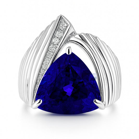 14K 12.48ct Trilliant Blue Wing Tanzanite 0.09cttw VS White Diamonds Ring