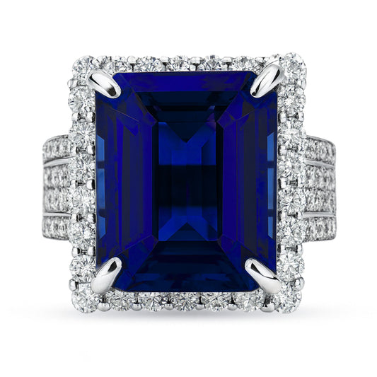 14K 13.25ct Emerald Cut Blue Wing Tanzanite 2.10cttw VS White Diamonds Ring