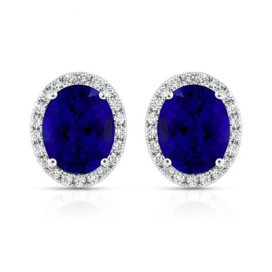 14K 14.32cttw Oval Blue Wing Tanzanite 0.84cttw VS White Diamonds Stud Earrings