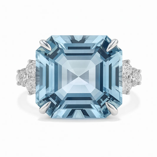 14K 14.65ct Asscher Cut Santa Maria Aquamarine 0.78cttw VS White Diamonds Ring