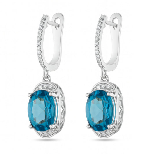 14K 15.35cttw Oval Blue Zircon 0.20cttw VS White Diamonds Drop Earrings