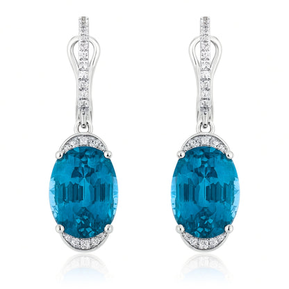 14K 15.35cttw Oval Blue Zircon 0.20cttw VS White Diamonds Drop Earrings