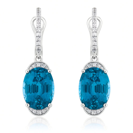 14K 15.35cttw Oval Blue Zircon 0.20cttw VS White Diamonds Drop Earrings