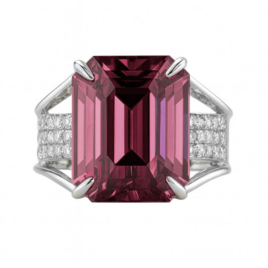 14K 15.58ct Emerald Cut Private Collection Pink Zircon 0.76cttw VS White Diamonds Ring