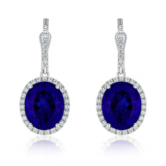 14K 17.44cttw Oval Blue Wing Tanzanite 1.00cttw White Diamonds Drop Earrings