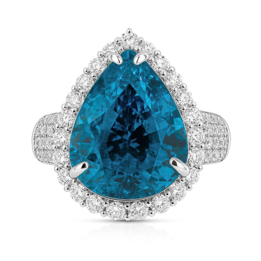 14K 17.94ct Pear Shape Private Collection Blue Zircon 1.11cttw VS White Diamonds Ring