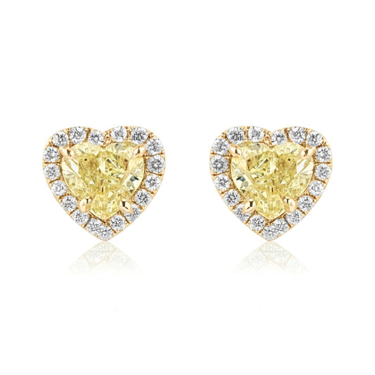 14K 2.00cttw Heart Shape VS Yellow Diamond 0.33cttw VS White Diamonds Stud Earrings
