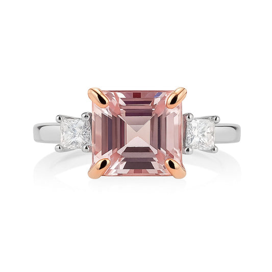 14K 2.00ct Asscher Cut Pink Morganite 0.23cttw VS White Diamonds Ring