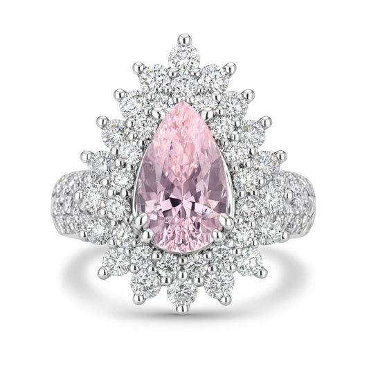14K 2.10ct Pear Shape Unheated Padparadscha 1.47cttw VS White Diamonds Ring