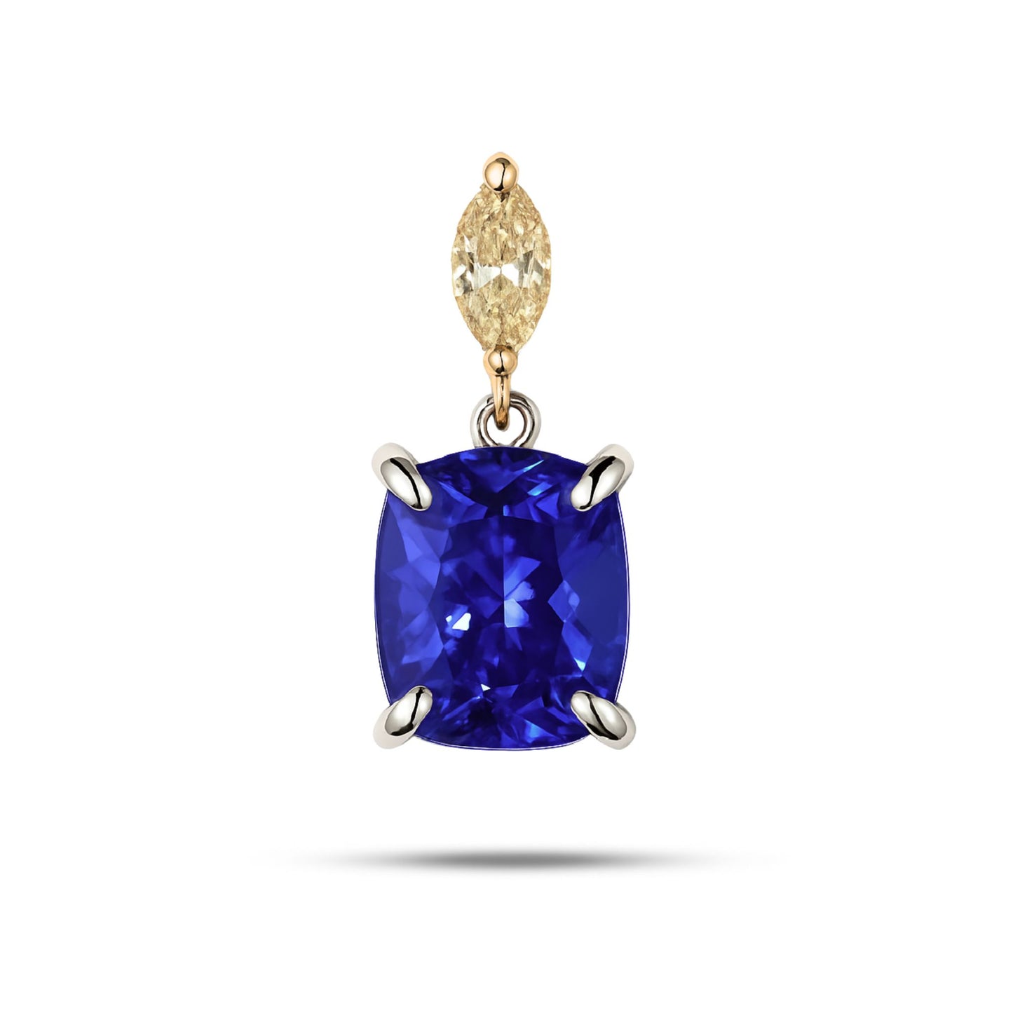 14K 2.11ct Cushion Blue Wing Tanzanite 0.19ct Marquise VS Yellow Diamond Pendant