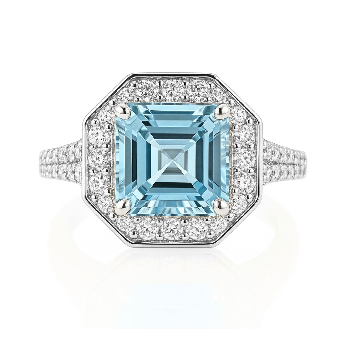 14K 2.13ct Asscher Cut Santa Maria Aquamarine 0.58cttw VS White Diamonds Ring