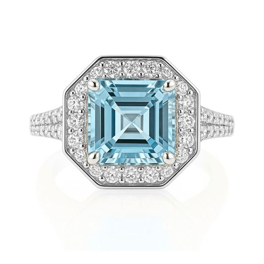 14K 2.13ct Asscher Cut Santa Maria Aquamarine 0.58cttw VS White Diamonds Ring