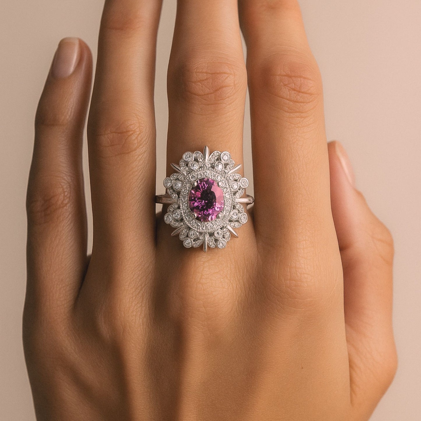 14K 2.17ct Oval Unheated Purple Pink Sapphire 0.75cttw VS White Diamonds Ring