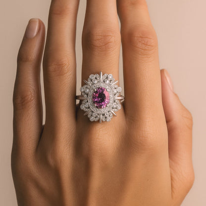 14K 2.17ct Oval Unheated Purple Pink Sapphire 0.75cttw VS White Diamonds Ring