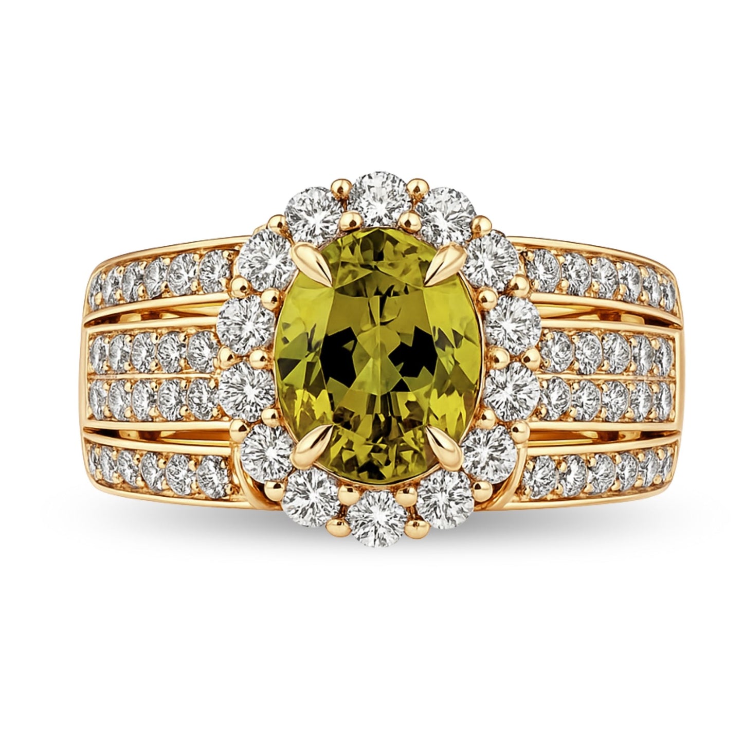 14K 2.25ct Oval Unheated Green-Yellow Sapphire 1.11cttw VS White Diamonds Ring