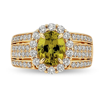 14K 2.25ct Oval Unheated Green-Yellow Sapphire 1.11cttw VS White Diamonds Ring