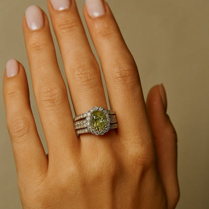 14K 2.25ct Oval Unheated Green-Yellow Sapphire 1.11cttw VS White Diamonds Ring