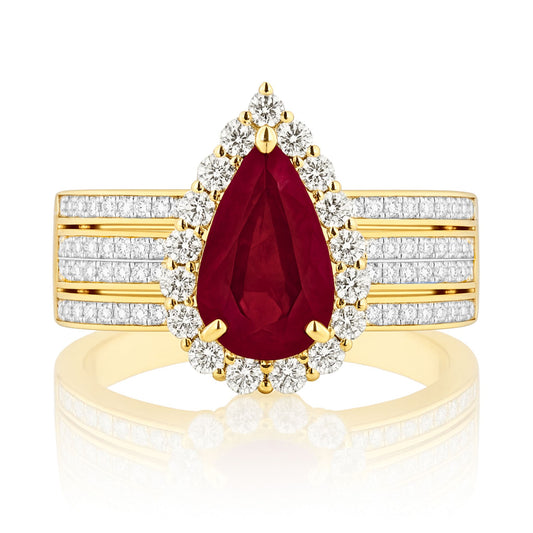14K 2.57ct Pear Shape Burma Ruby 0.94cttw VS White Diamonds Ring