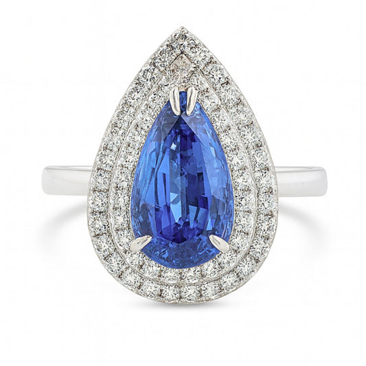 14K 2.58ct Pear Shape Unheated Cornflower Blue Sapphire 0.53cttw VS White Diamonds Ring