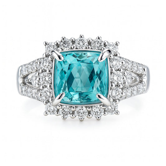 14K 2.62ct Cushion Paraiba 0.85cttw VS White Diamonds  Ring