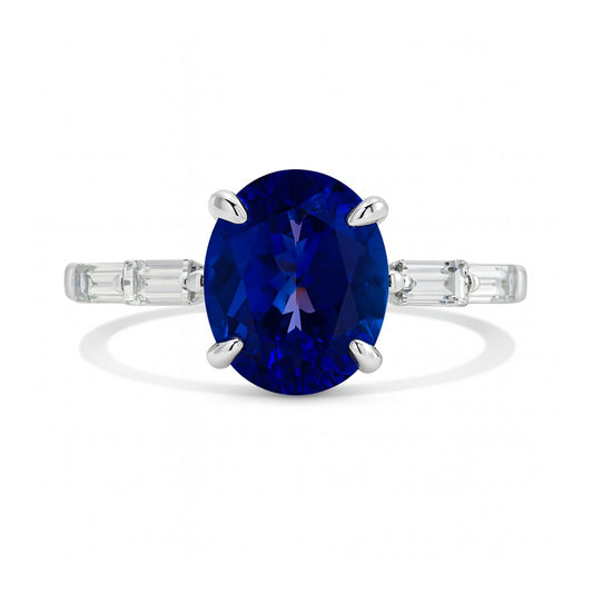 14K 2.70ct Oval Blue Wing Tanzanite 0.37cttw Baguette VS White Diamond Ring