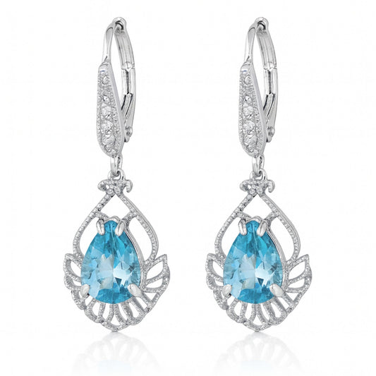 14K 2.73cttw Pear Shape Blue Zircon 0.07cttw VS White Diamonds Drop Earrings