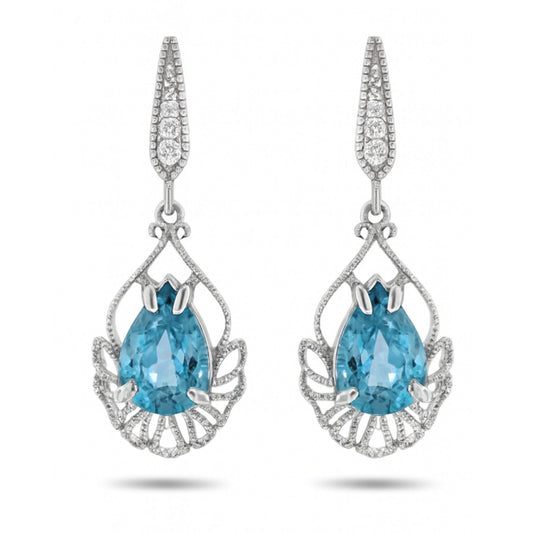 14K 2.73cttw Pear Shape Blue Zircon 0.07cttw VS White Diamonds Drop Earrings