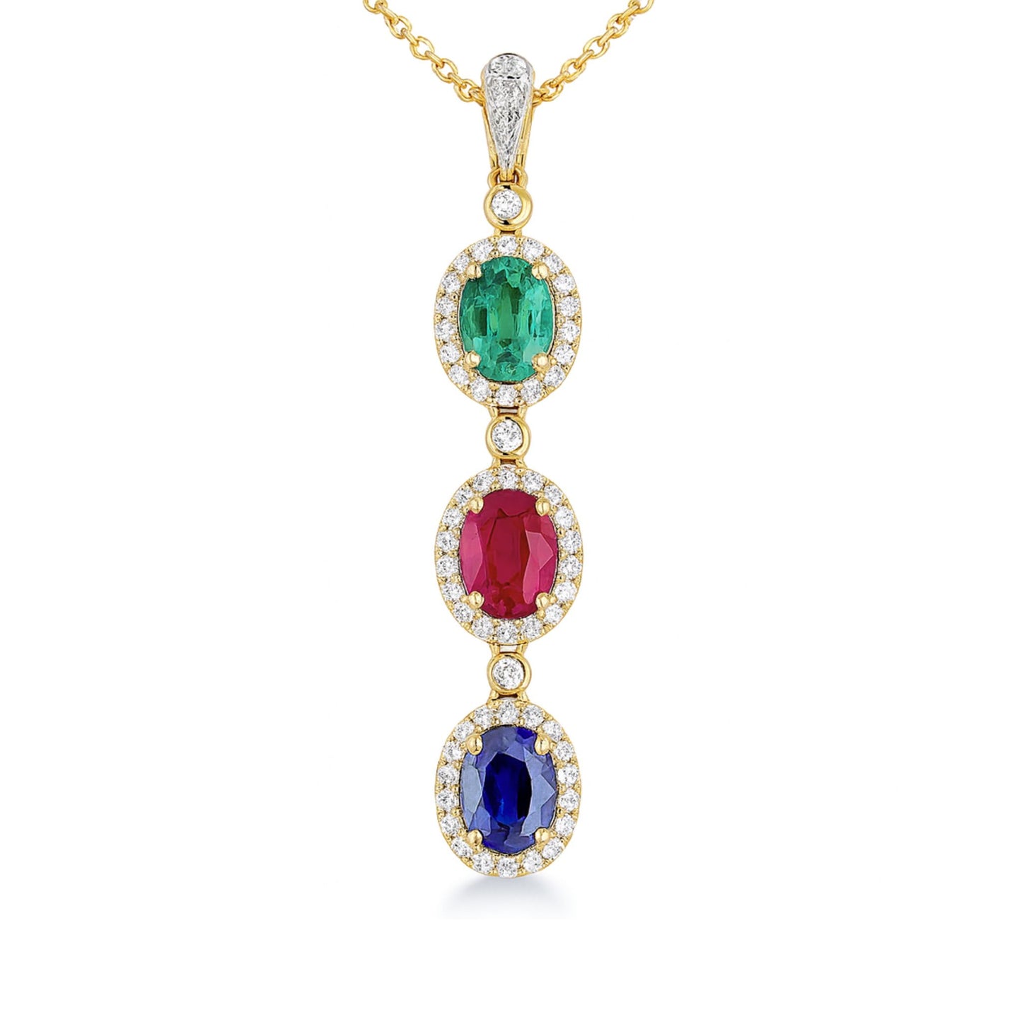 14K 2.78cttw Oval Burma Ruby, Colombian Emerald, and Blue Sapphire 0.48cttw VS White Diamond Pendant