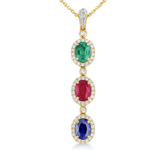 14K 2.78cttw Oval Burma Ruby, Colombian Emerald, and Blue Sapphire 0.48cttw VS White Diamond Pendant