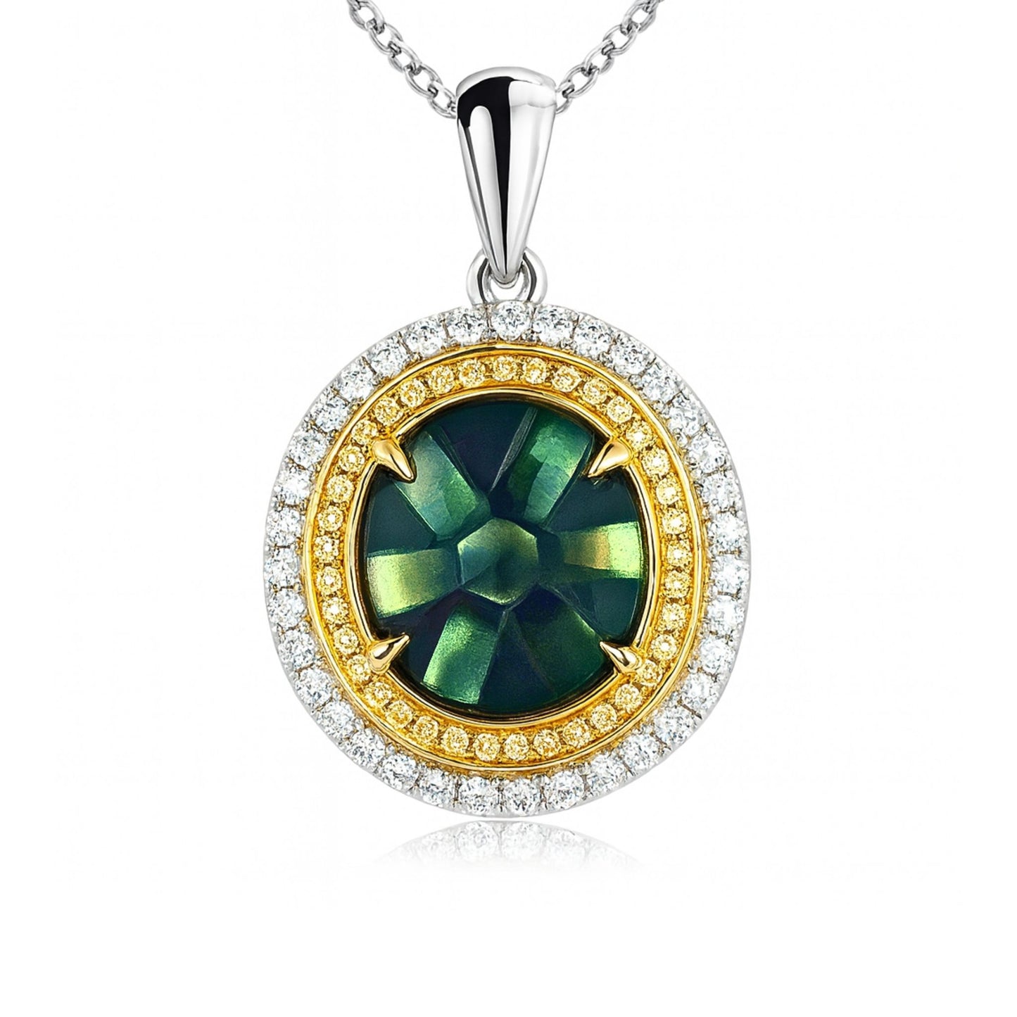 14K 2.70ct Trapiche Emerald 0.49cttw VS Yellow Diamonds & White Diamonds Pendant