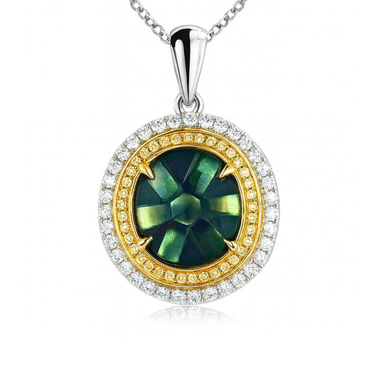 14K 2.70ct Trapiche Emerald 0.49cttw VS Yellow Diamonds & White Diamonds Pendant