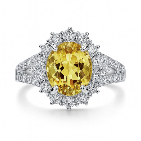 14K 2.82ct Oval Canary Yellow Tourmaline 1.41cttw VS White Diamonds Ring
