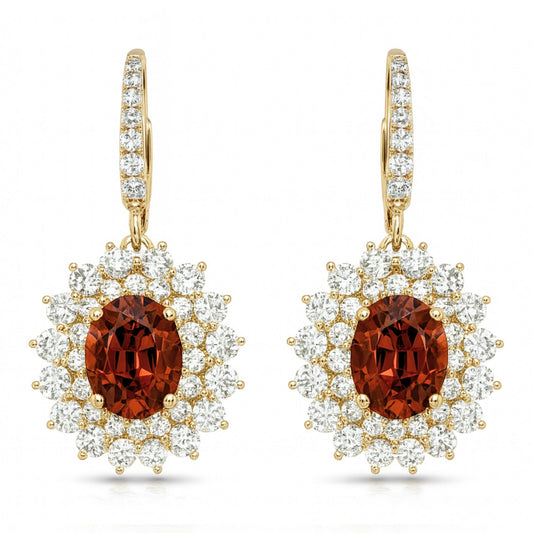 14K 2.87cttw Oval Malaya Garnet 1.97cttw VS White Diamonds Drop Earrings