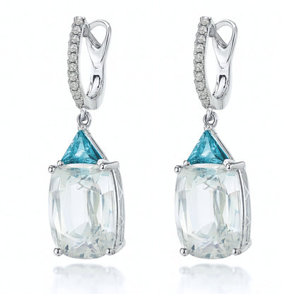 14K 20.80cttw Cushion White Zircon 1.08cttw Trilliant Blue Zircon 0.17cttw White Diamonds Drop Earrings