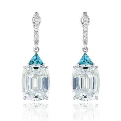 14K 20.80cttw Cushion White Zircon 1.08cttw Trilliant Blue Zircon 0.17cttw White Diamonds Drop Earrings