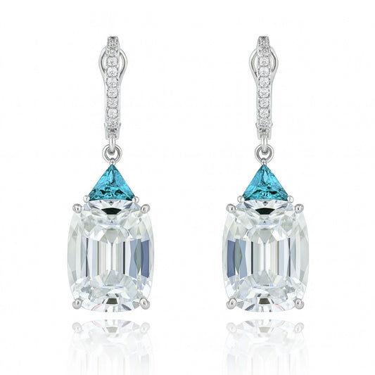 14K 20.80cttw Cushion White Zircon 1.08cttw Trilliant Blue Zircon 0.17cttw White Diamonds Drop Earrings