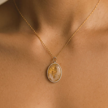 14K 22.87ct Oval Natural Gold Quartz 0.34cttw VS White Diamonds Pendant