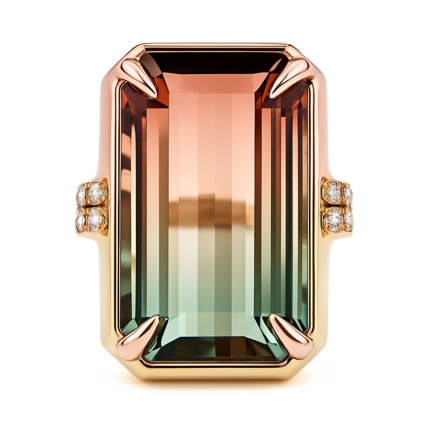 14K 22.96ct Emerald Cut Bi-Color Tourmaline 0.43cttw VS White Diamonds Ring