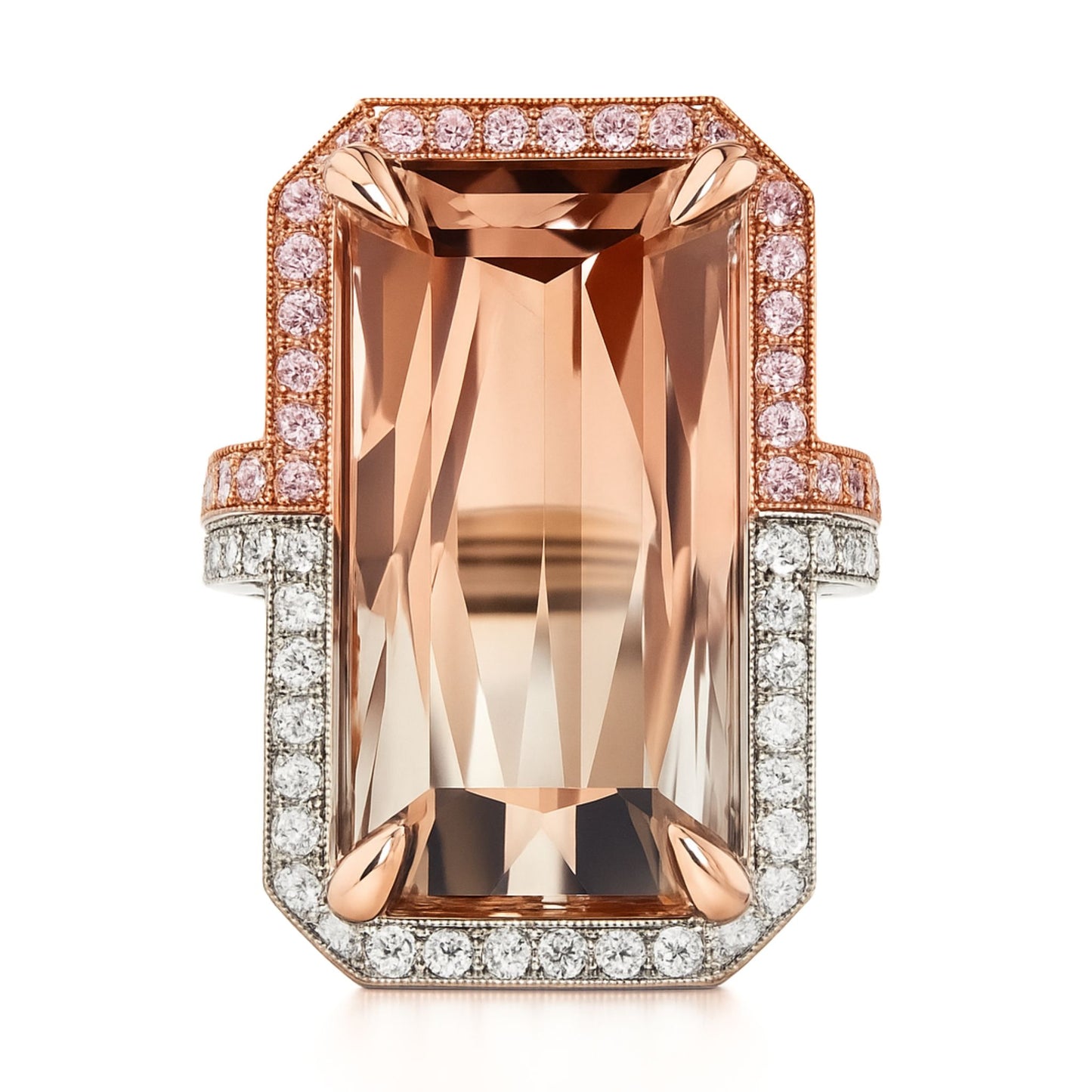 14K 28.10ct Emerald Cut Bi-Color Tourmaline 1.12cttw VS Pink & White Diamonds Ring