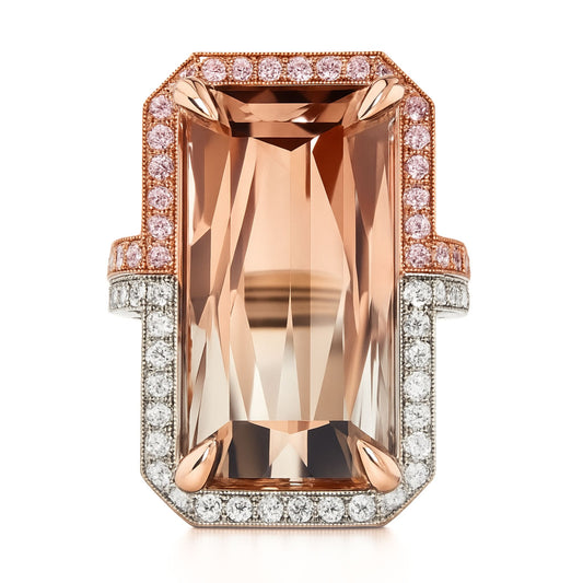 14K 28.10ct Emerald Cut Bi-Color Tourmaline 1.12cttw VS Pink & White Diamonds Ring