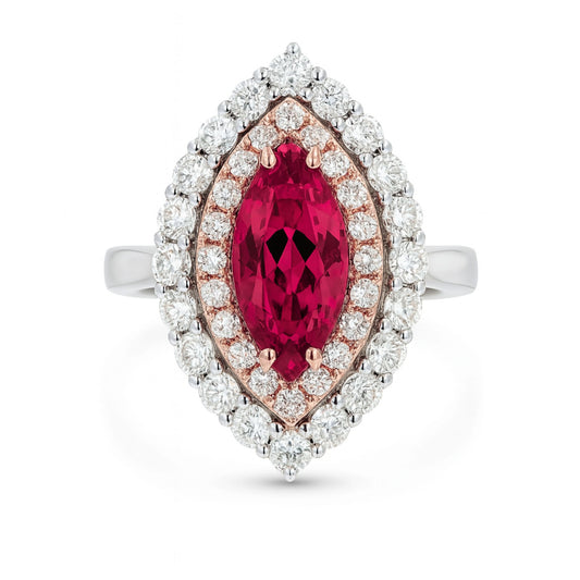 14K 3.06ct Marquise Mahenge Pink Spinel 0.36cttw Pink Diamond 1.28cttw VS White Diamonds Ring