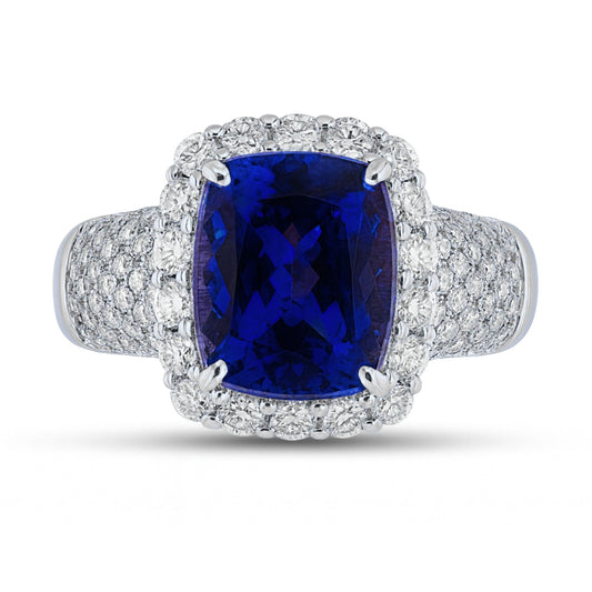 14K 3.09ct Cushion Blue Wing Tanzanite 0.82cttw VS White Diamonds Ring