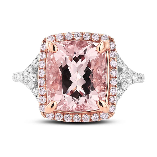 14K 3.28ct Cushion Pink Morganite 0.55cttw Pink & White Diamonds Ring